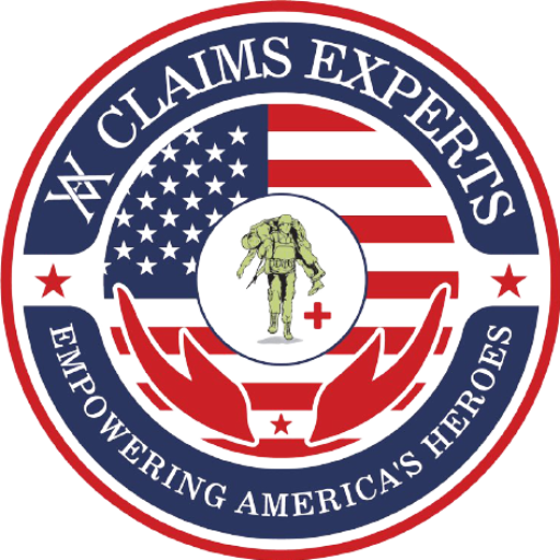 A red, white and blue emblem with the words " x claims experts empowering america 's heroes ".